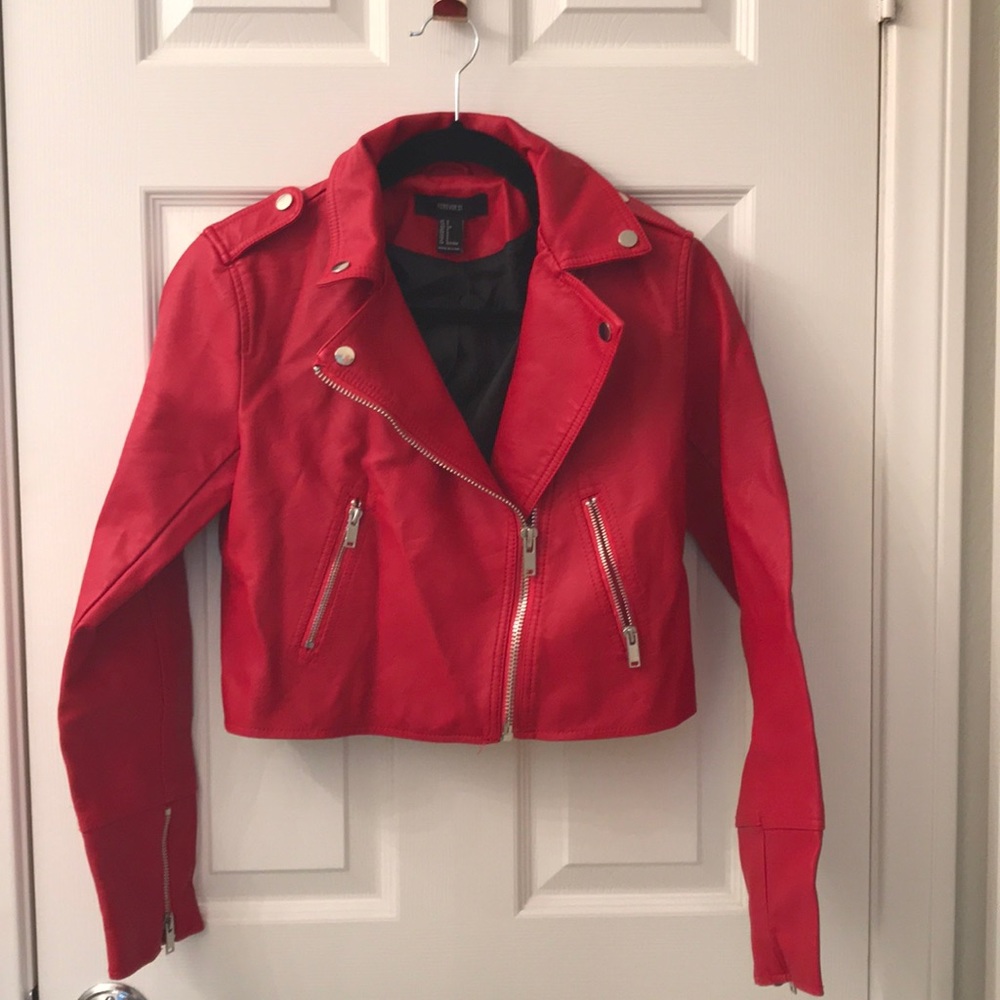 Red Faux Leather Cropped Jacket
